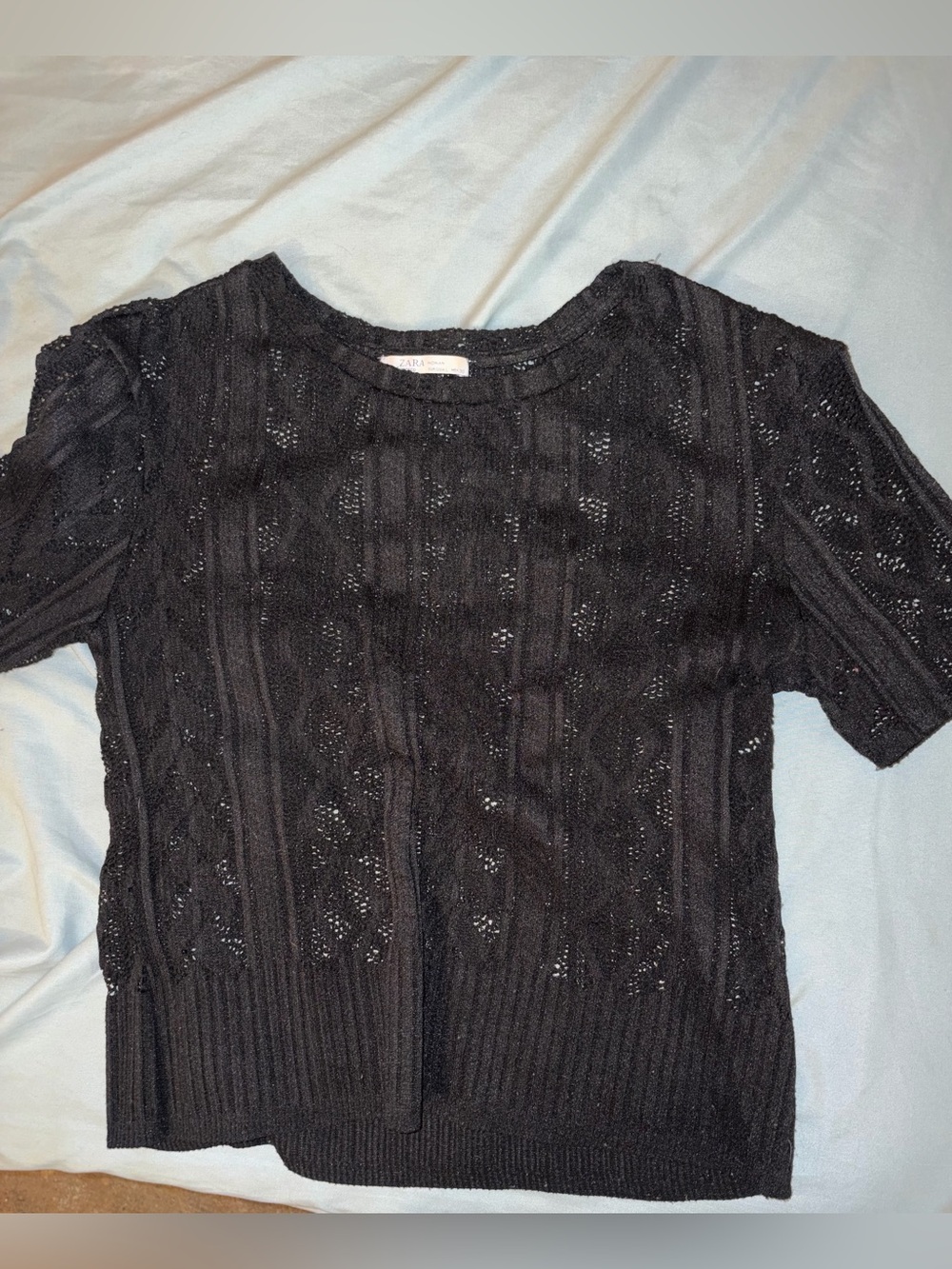 Zara Black Short Sleeve Crochet Knit Crop Top